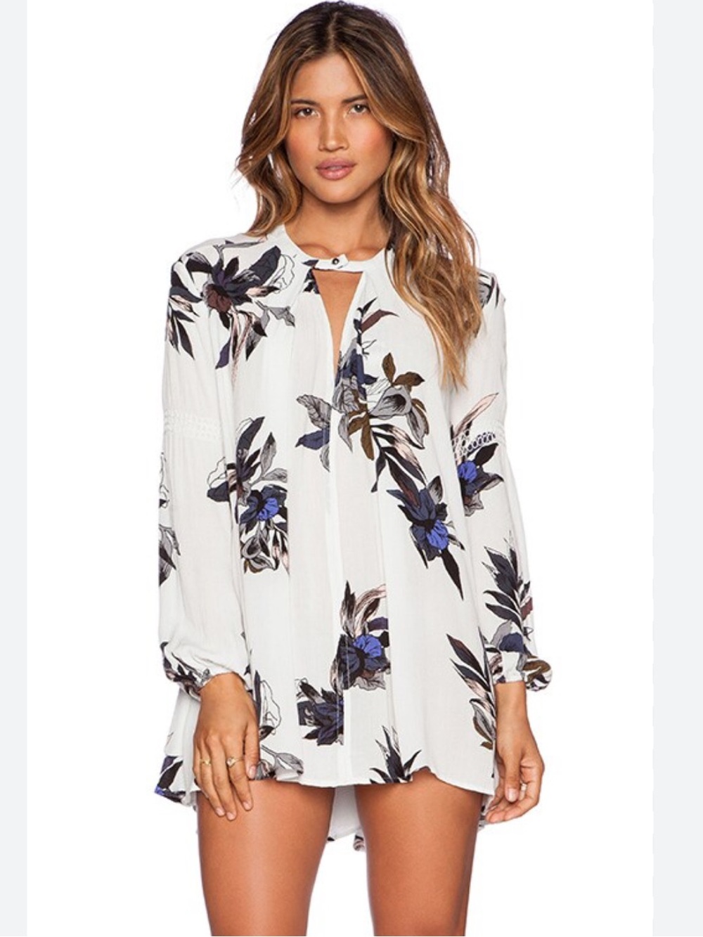 Free People Tree swing White Floral Button-Front Tunic with Navy Accents L - Picture 1 of 10